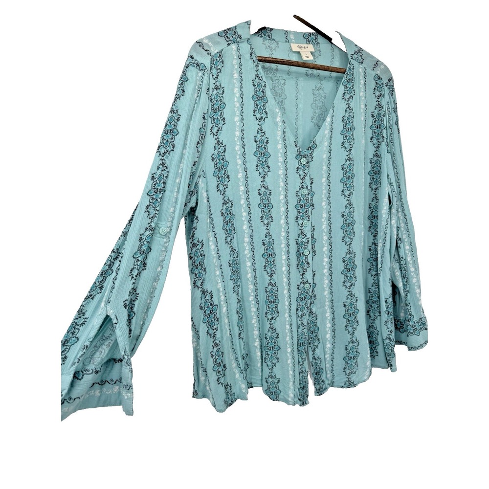 Style & Co. Blue gauze fairy floral bloomcore button up cottage country light L